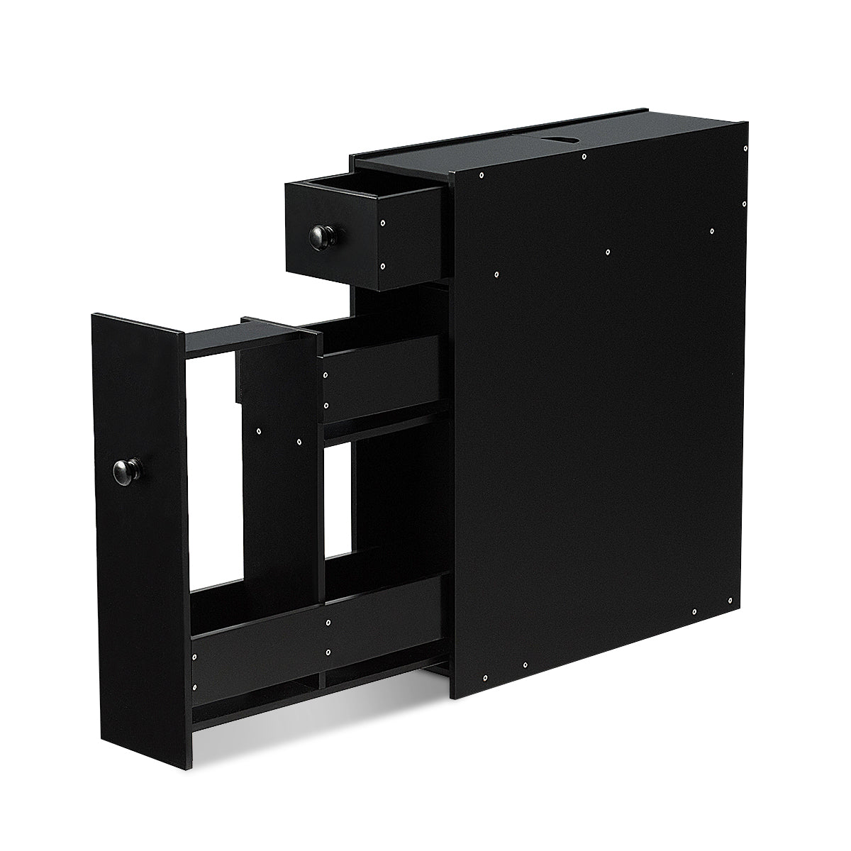 Narrow niche shelf with drawers bathroom cabinet made of wood side cabinet black