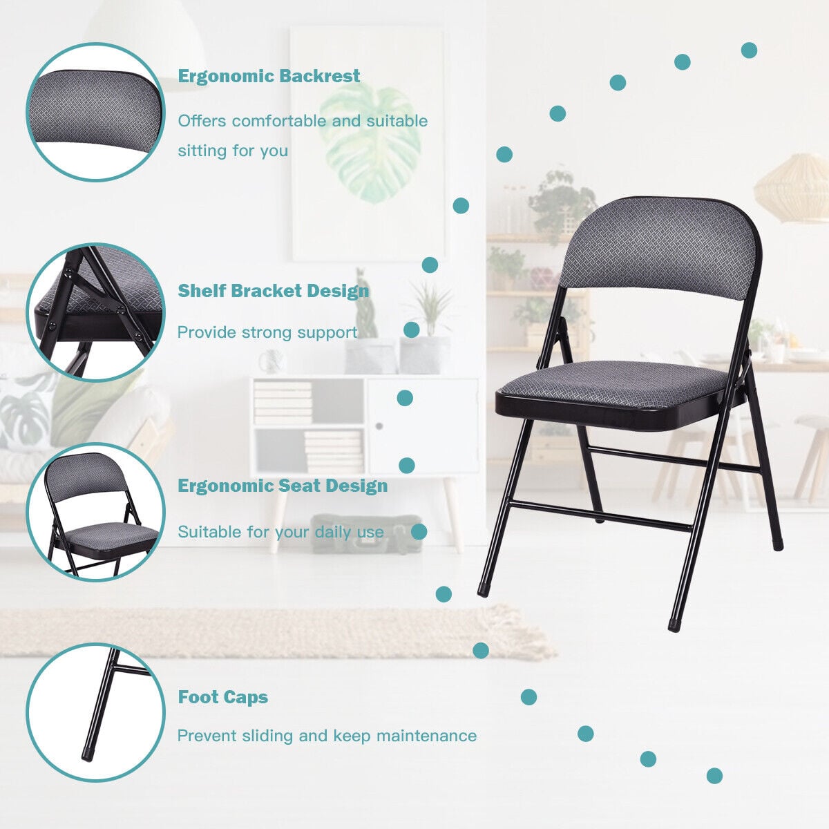 Set of 4 Folding Fabric Padded Chairs with Sponge Seat and Backrest-Grey