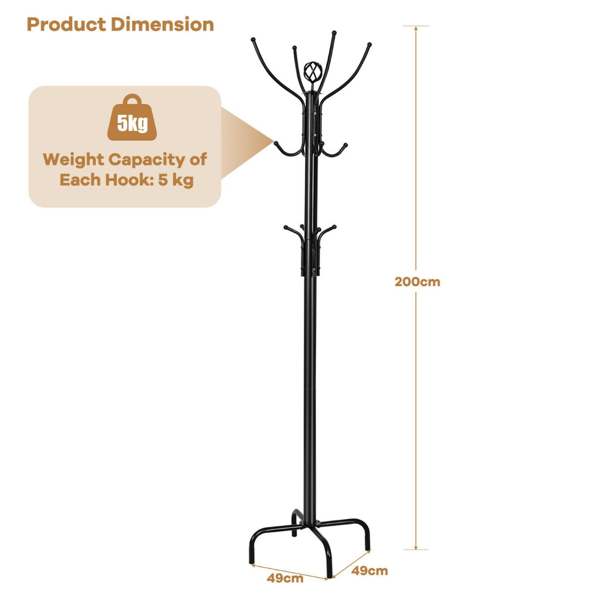 Modern Freestanding Metal Coat Stand with 12 Hooks for Bedroom Entryway-4-Leg Base