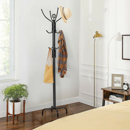 Modern Freestanding Metal Coat Stand with 12 Hooks for Bedroom Entryway-4-Leg Base