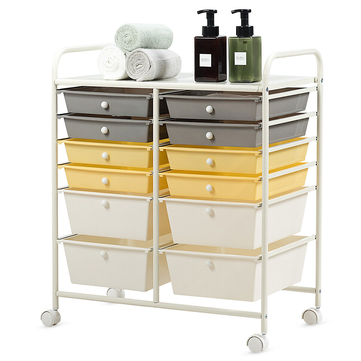 12 Drawers Rolling Storage Cart with 4 Wheels and Brakes-Yellow