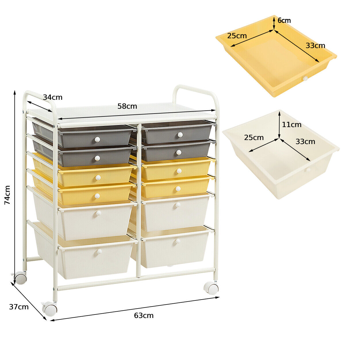 12 Drawers Rolling Storage Cart with 4 Wheels and Brakes-Yellow