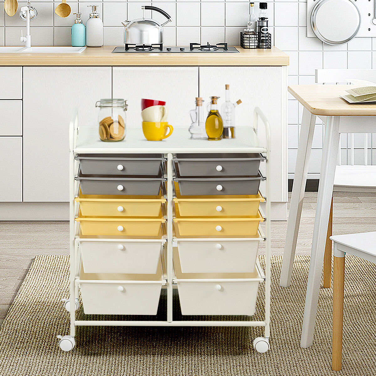 12 Drawers Rolling Storage Cart with 4 Wheels and Brakes-Yellow