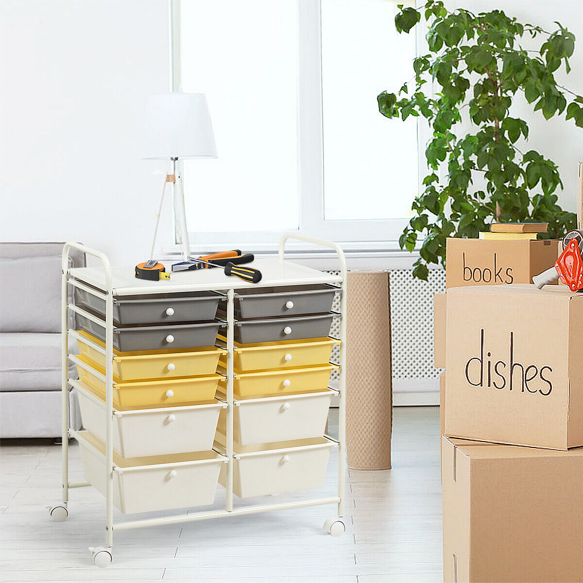 12 Drawers Rolling Storage Cart with 4 Wheels and Brakes-Yellow