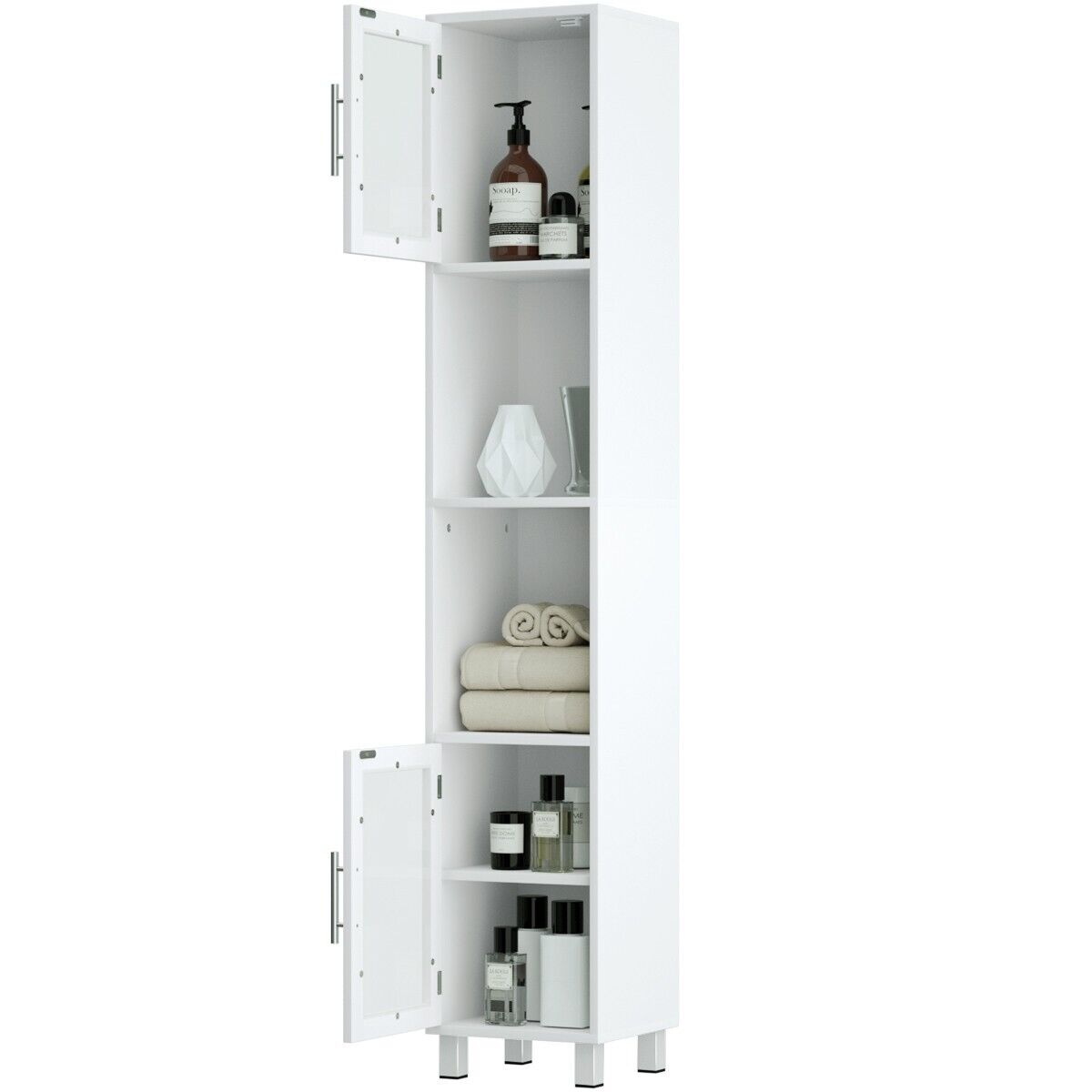 Freestanding Slim Wooden Bathroom Cabinet with Tempered Glass Doors-White