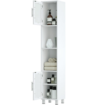 Freestanding Slim Wooden Bathroom Cabinet with Tempered Glass Doors-White