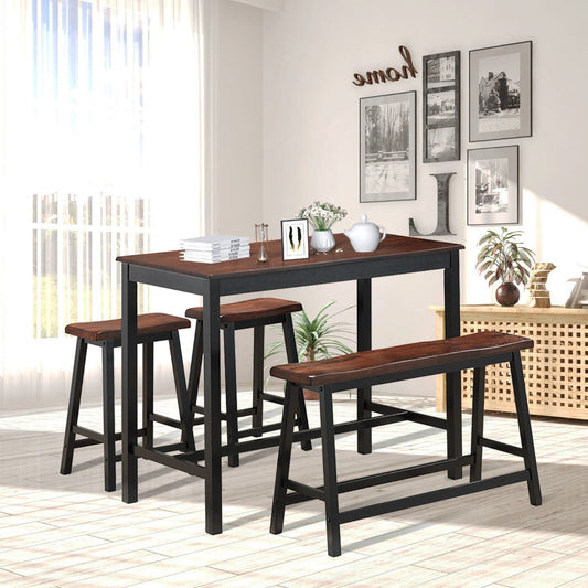 4 Pieces Dining Table and Chair Set Furniture with Bench and Stools-Coffee