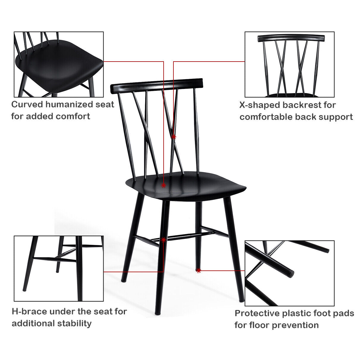 Set of 2 Steel Dining Chairs with Curved Backrest for Restaurant/Cafe