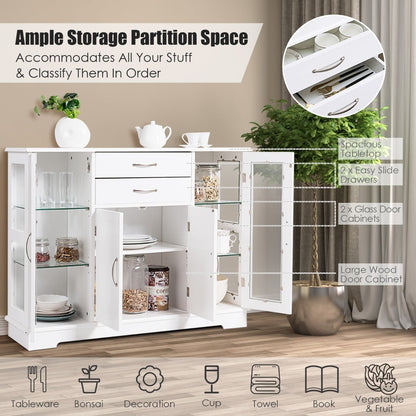 Wooden Buffet Sideboard with Adjustable Shelves and 2 Glass Doors-White
