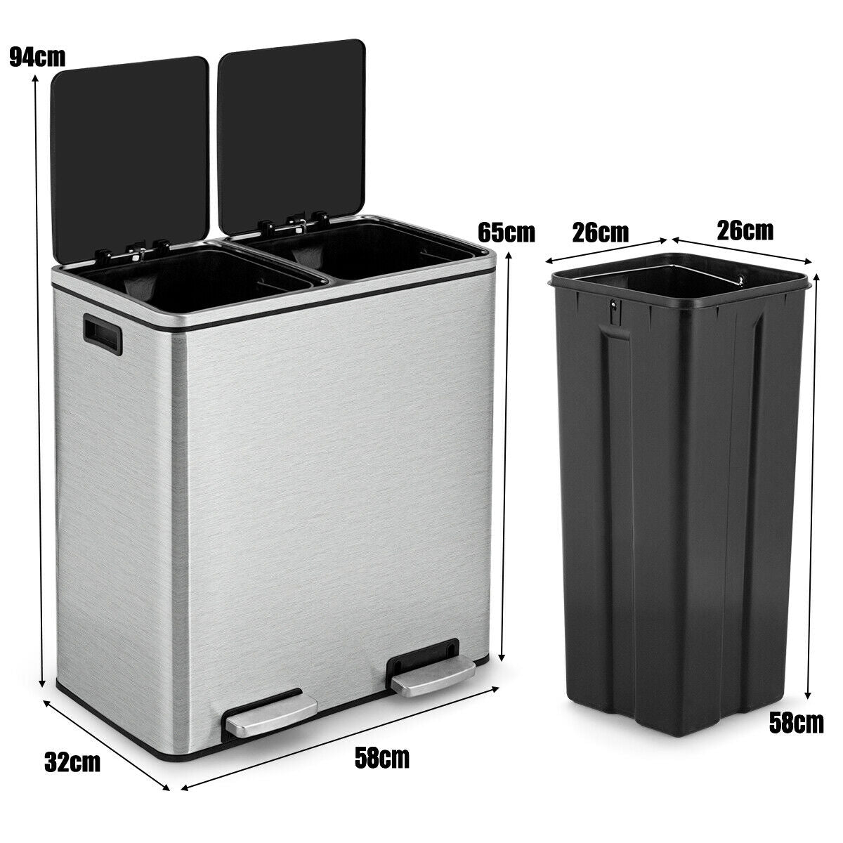 Double Recycle Pedal Bin wth Dual Removable Compartments-Silver