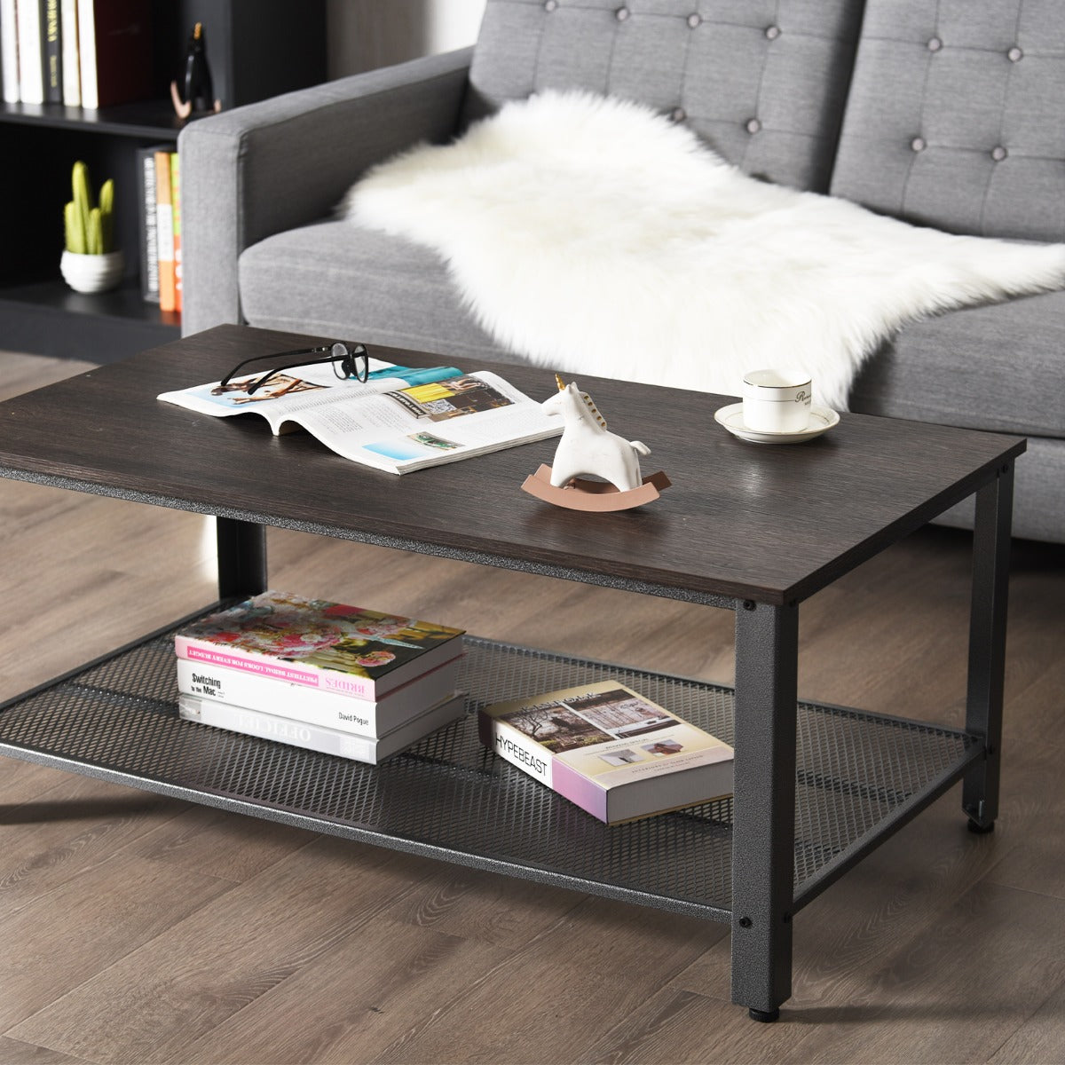 Retro Styled Coffee Table with Mesh Shelf-Grey