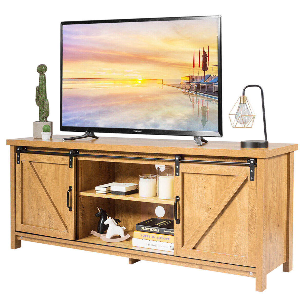 Modern TV Cabinet for 60-Inch TV Wooden Media Storage Shelves-Yellow