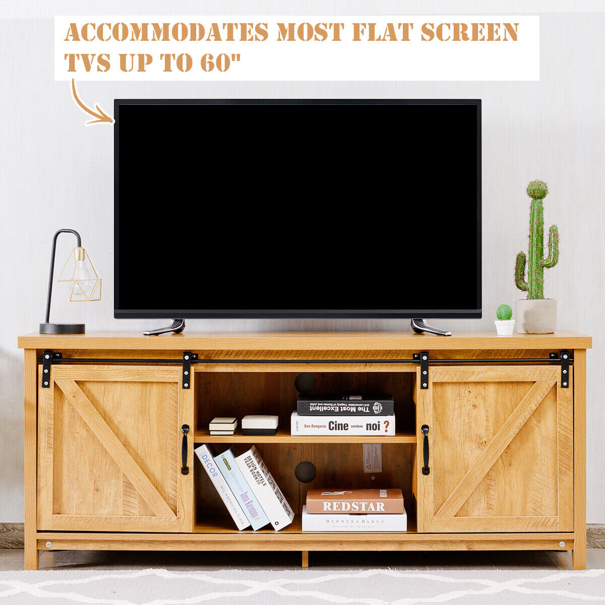 Modern TV Cabinet for 60-Inch TV Wooden Media Storage Shelves-Yellow