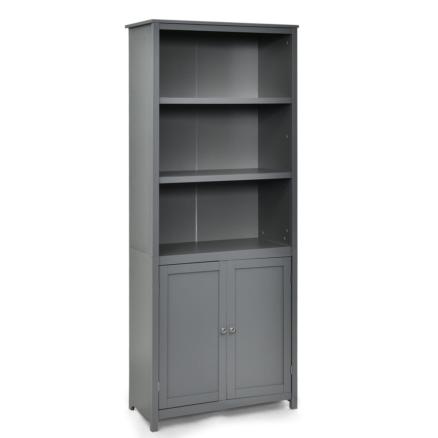 3-Shelf Bookcase with Double Doors & Adjustable Shelves & Cabinet-Grey