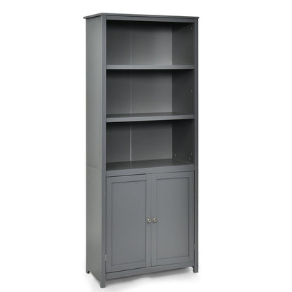 3-Shelf Bookcase with Double Doors & Adjustable Shelves & Cabinet-Grey