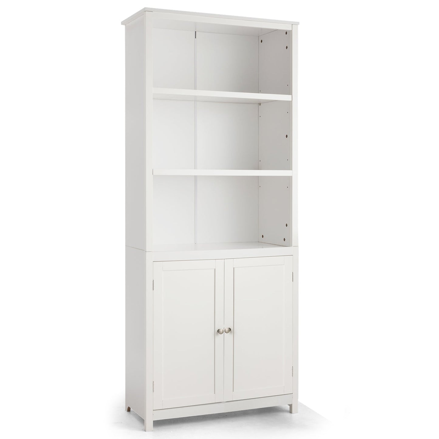 3-Shelf Bookcase with Double Doors &amp; Adjustable Shelves &amp; Cabinet-White