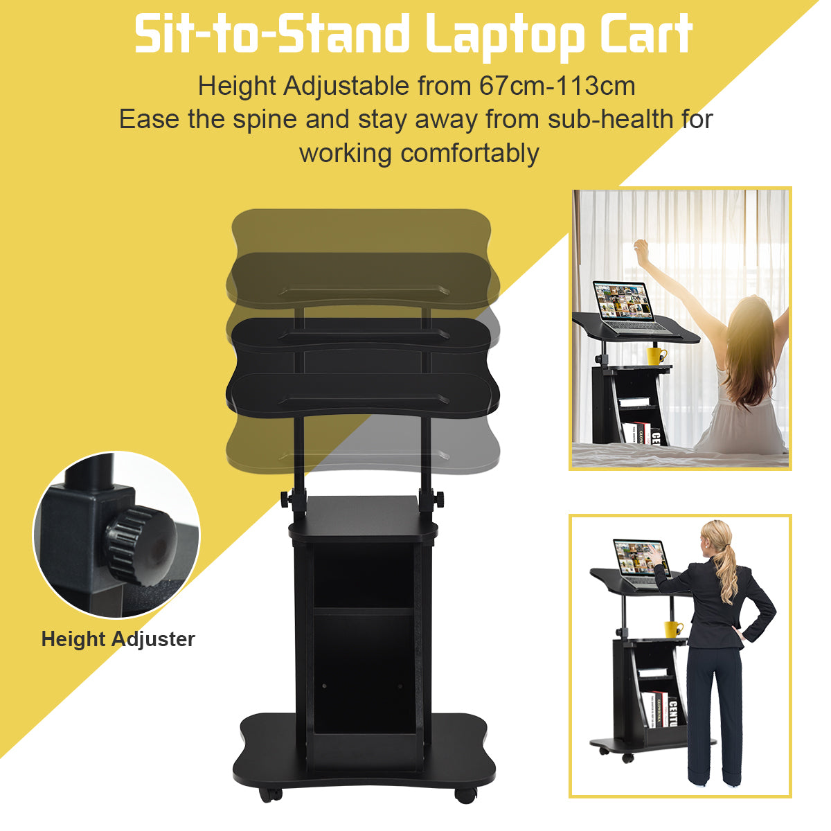 Sit-to-Stand Laptop Desk Cart Height Adjustable with Storage-Black
