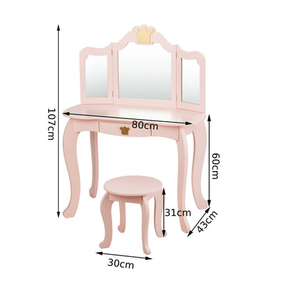 Kids Dressing Table and Stool Set with Tri-fold Mirror and Drawer