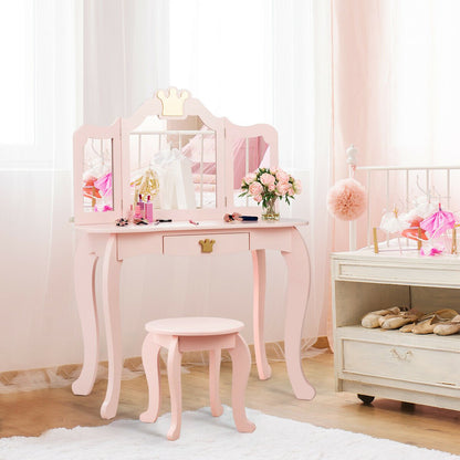 Kids Dressing Table and Stool Set with Tri-fold Mirror and Drawer