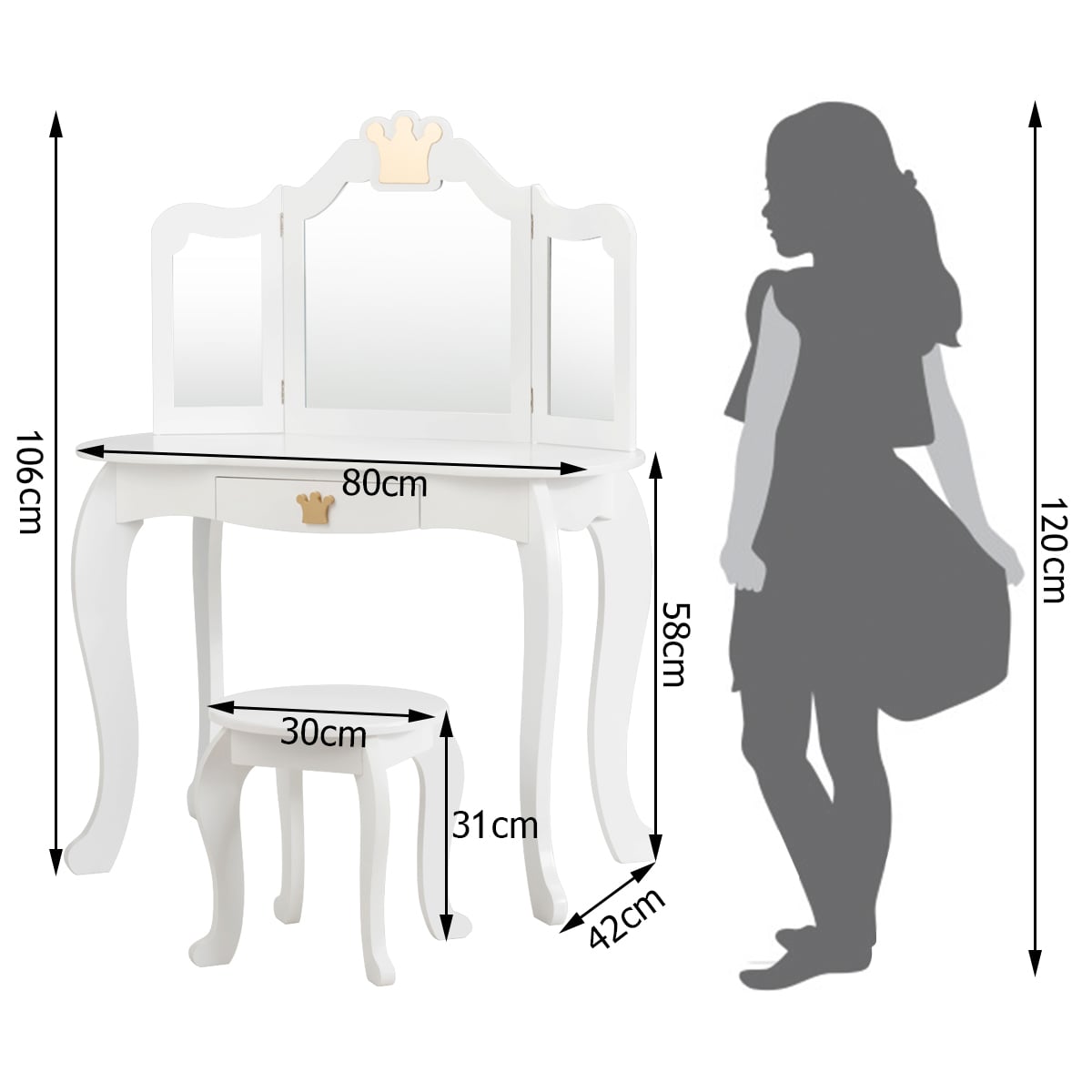Kids Vanity Table and Chair Set with Mirror &amp; Drawer for Girls-White