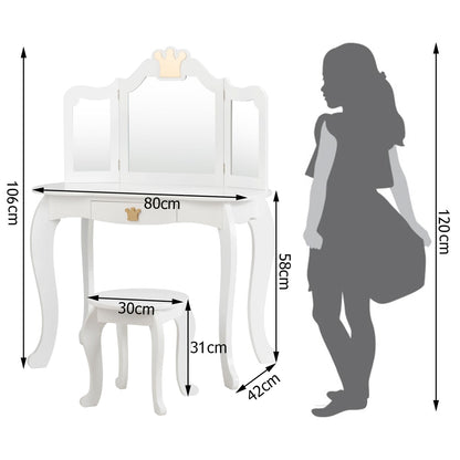 Kids Vanity Table and Chair Set with Mirror &amp; Drawer for Girls-White