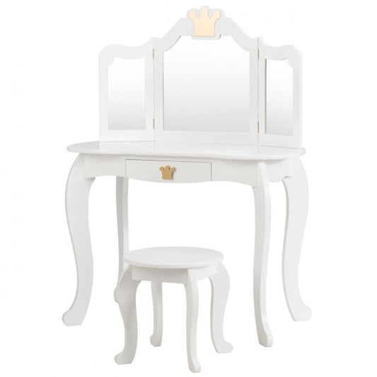 Kids Vanity Table and Chair Set with Mirror &amp; Drawer for Girls-White