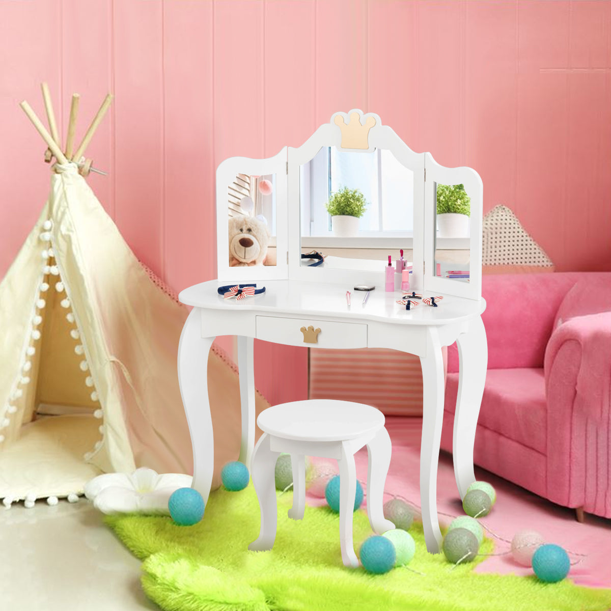Kids Vanity Table and Chair Set with Mirror &amp; Drawer for Girls-White