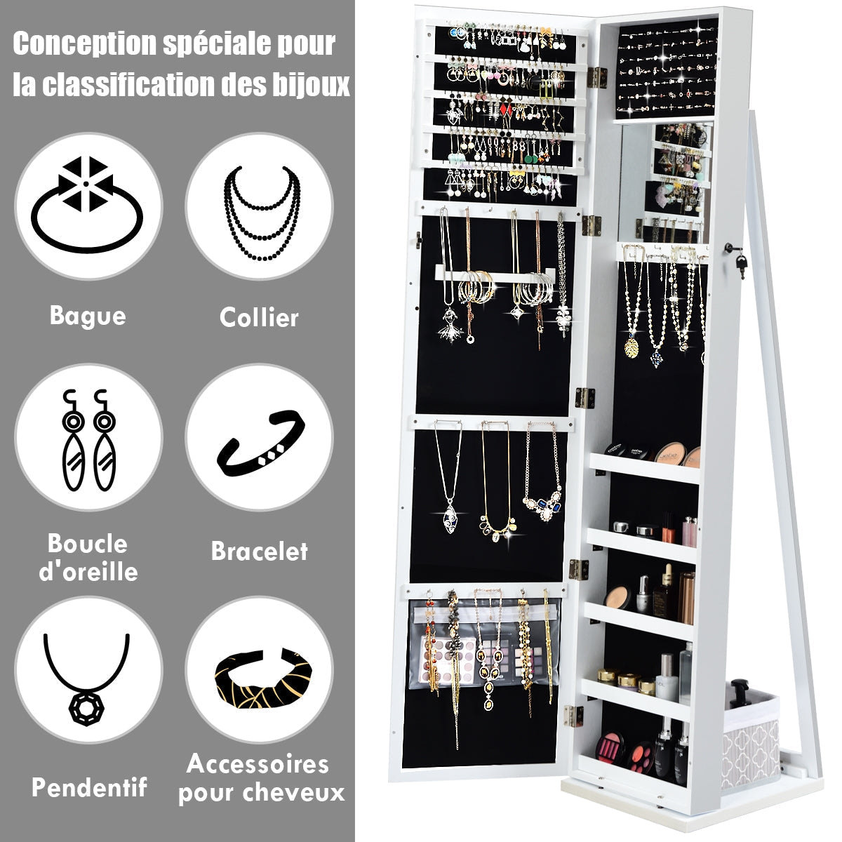 Free Standing Jewelry Armoire with Full Length Mirror for Bedroom