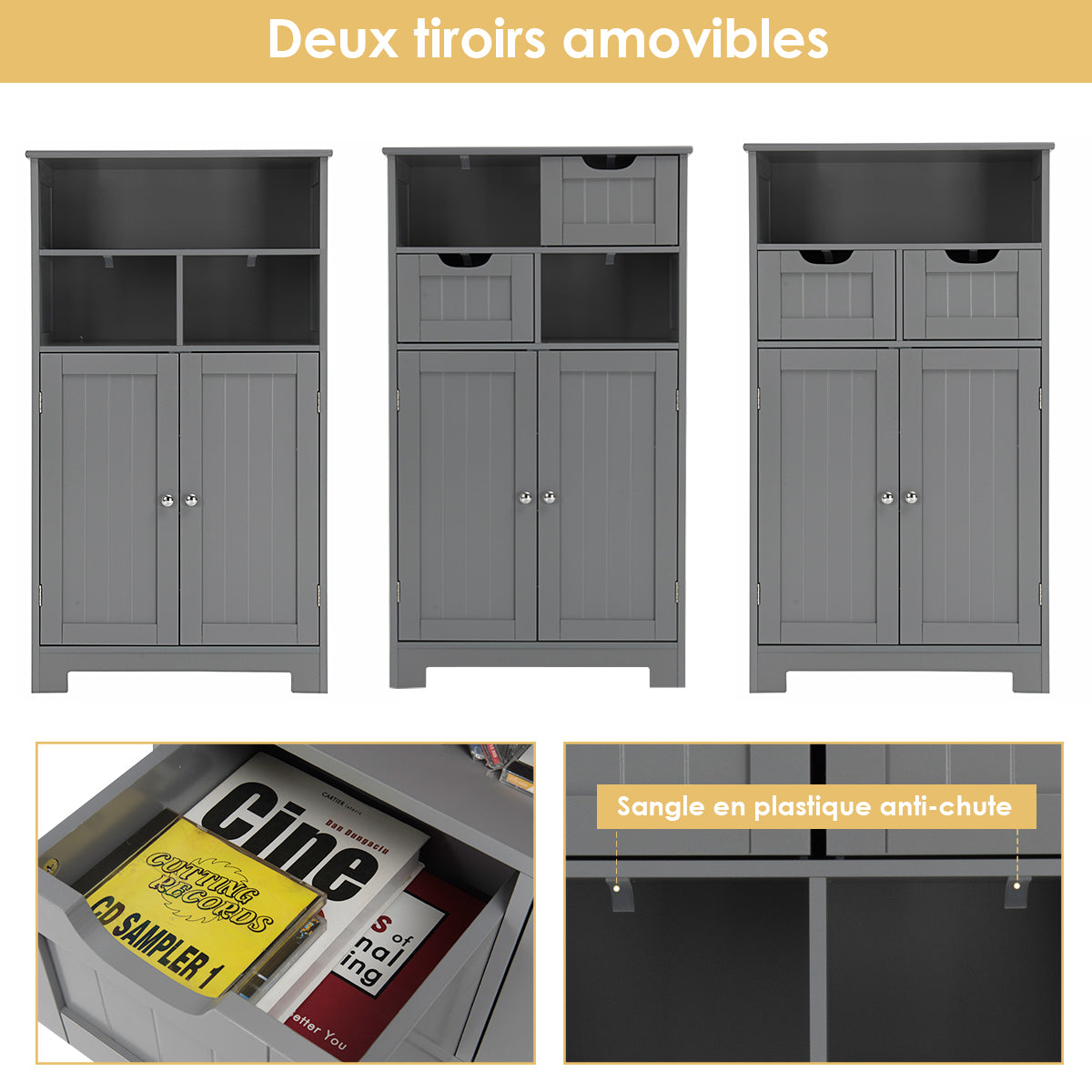 Bathroom Floor Cabinet with Open Shelf &amp; 2 Drawers-Grey