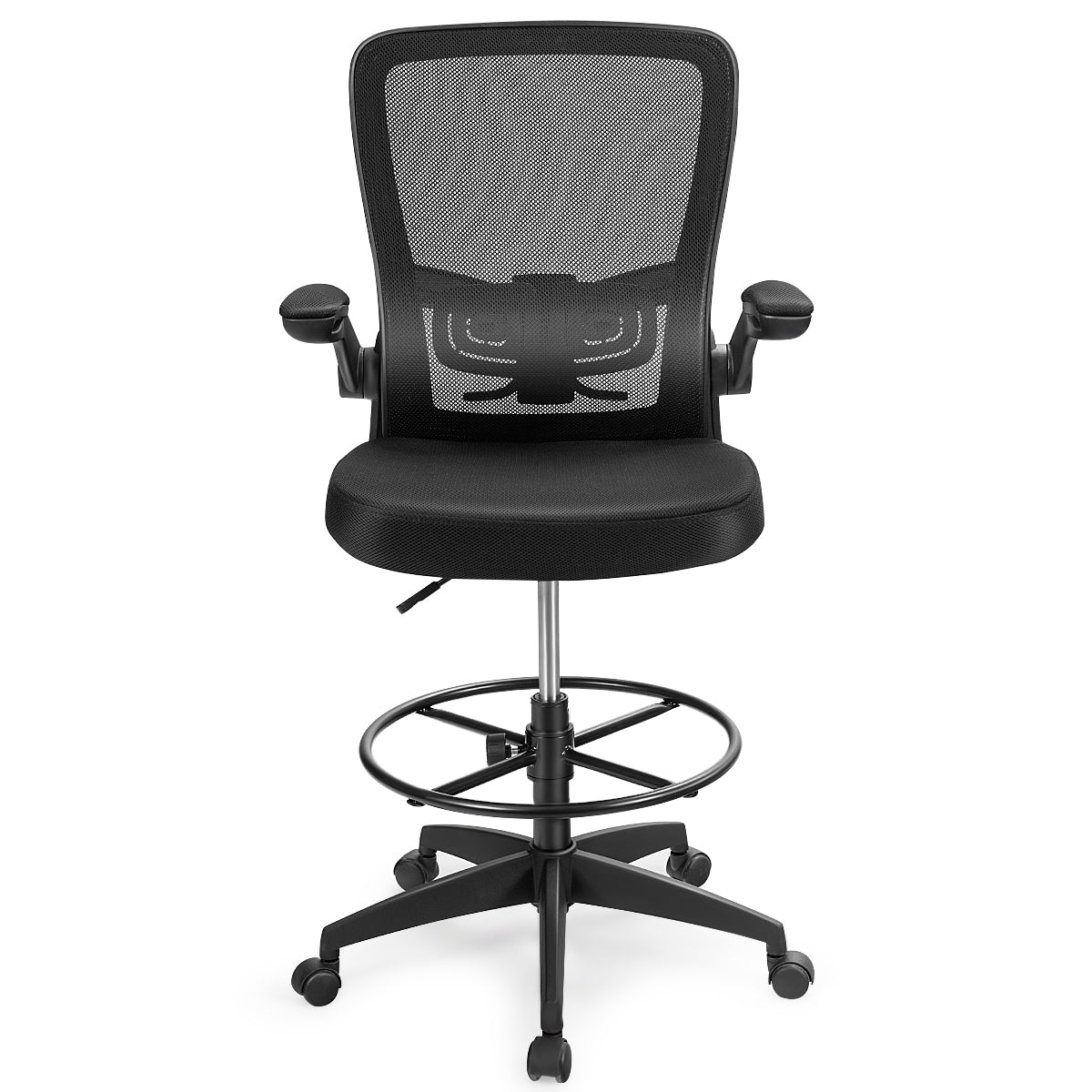 High Back Mesh Office Chair with Flip-up Armrests and Footrest Ring-Black