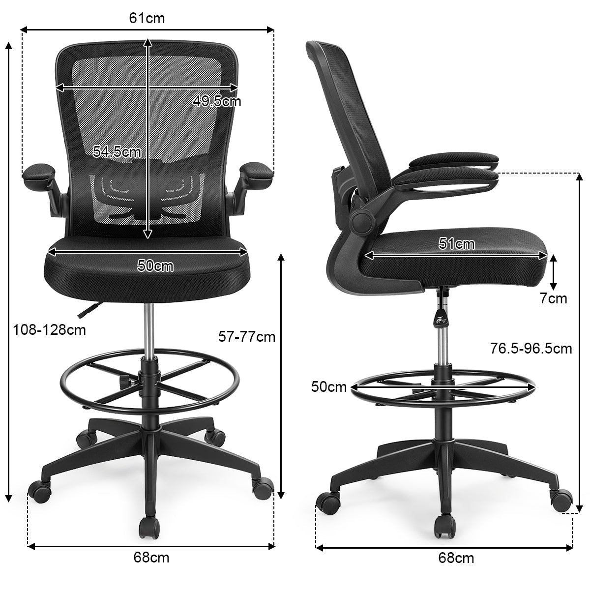 High Back Mesh Office Chair with Flip-up Armrests and Footrest Ring-Black