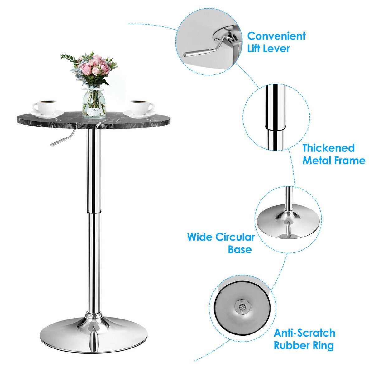 Modern Round Marble Bar Table with Silver Leg and Base-Black