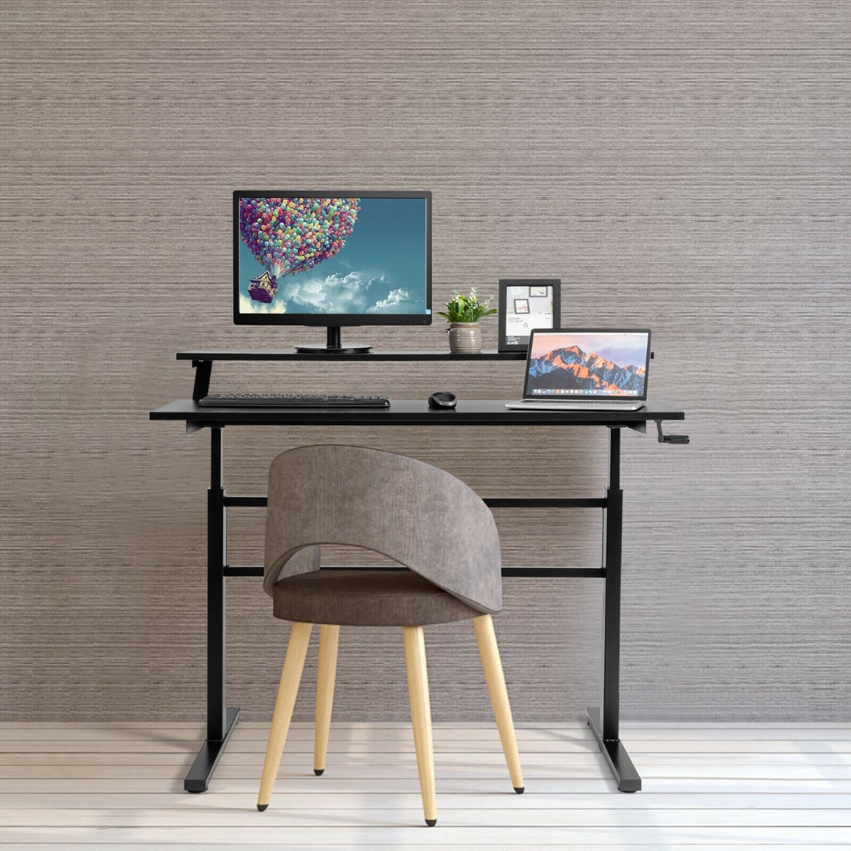 2-Tier Height Adjustable Standing Desk with Crank Handle-Black