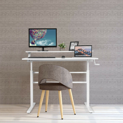 2-Tier Height Adjustable Standing Desk with Crank Handle-White