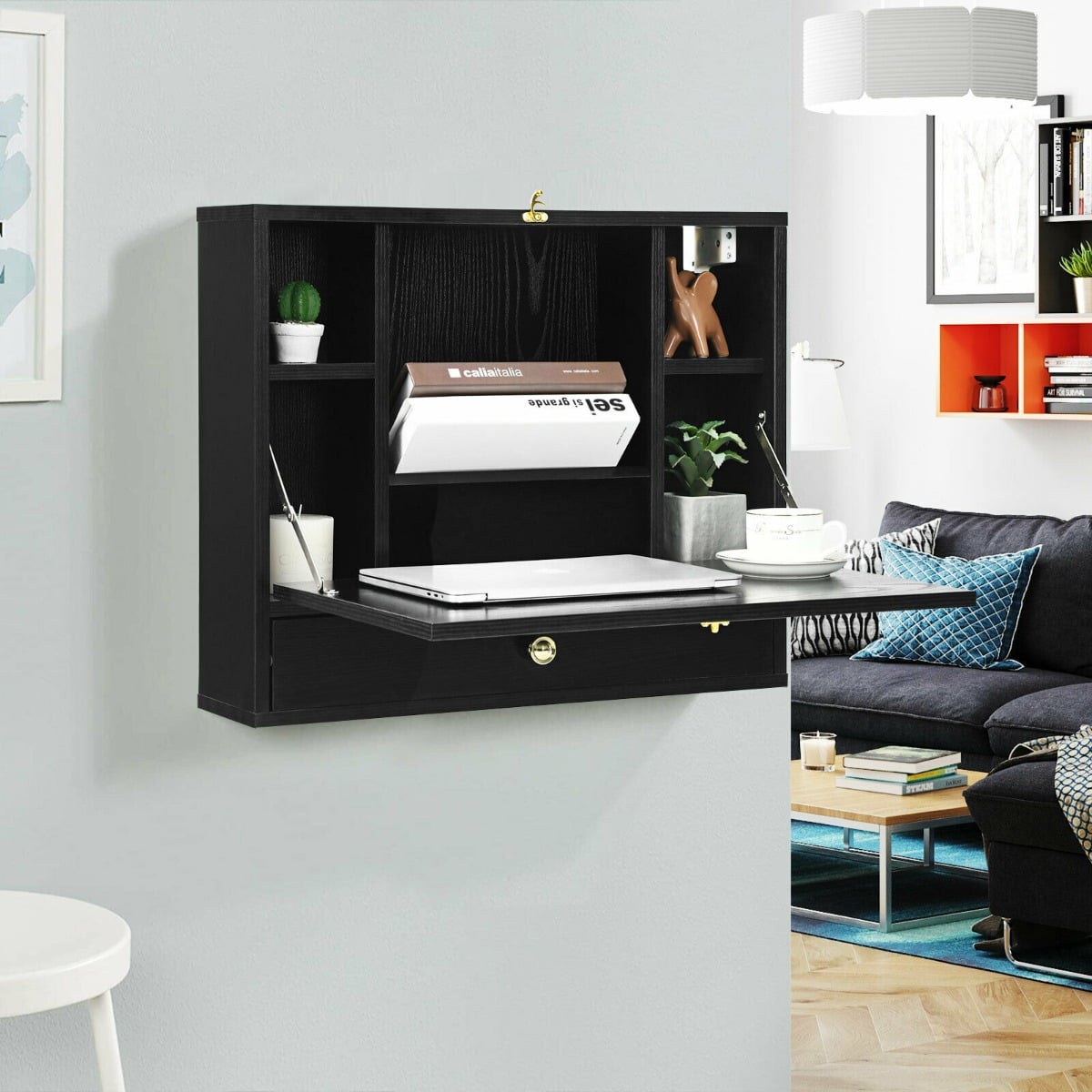 Wall Mounted Wooden Cabinet with Drop Down Desk-Black