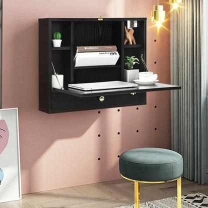 Wall Mounted Wooden Cabinet with Drop Down Desk-Black