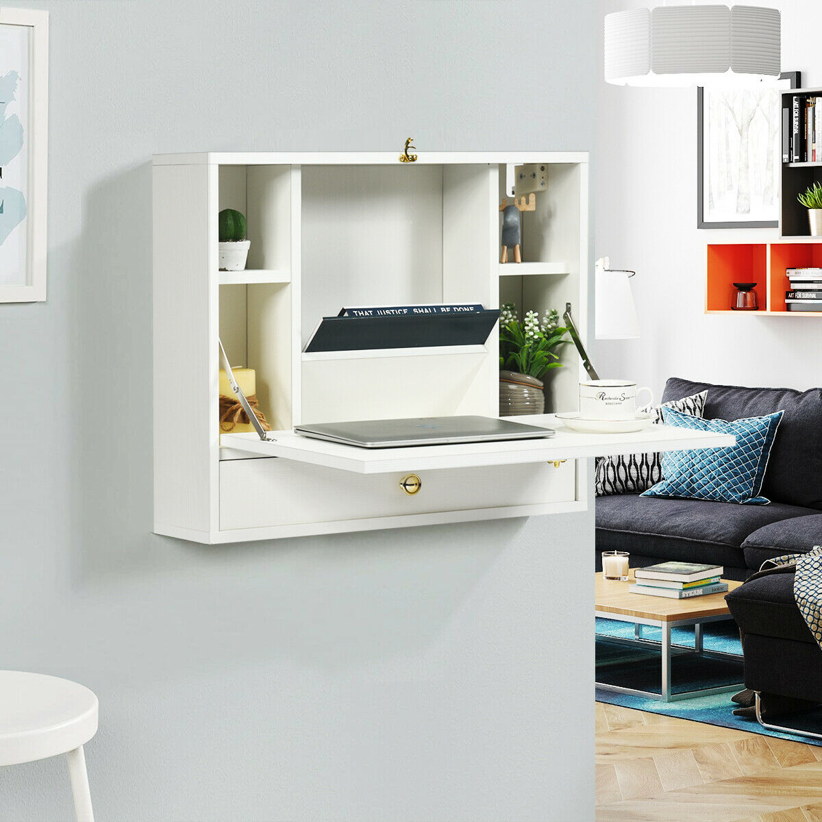 Wall Mounted Foldable Multi-functional desk Wooden Cabinet-White