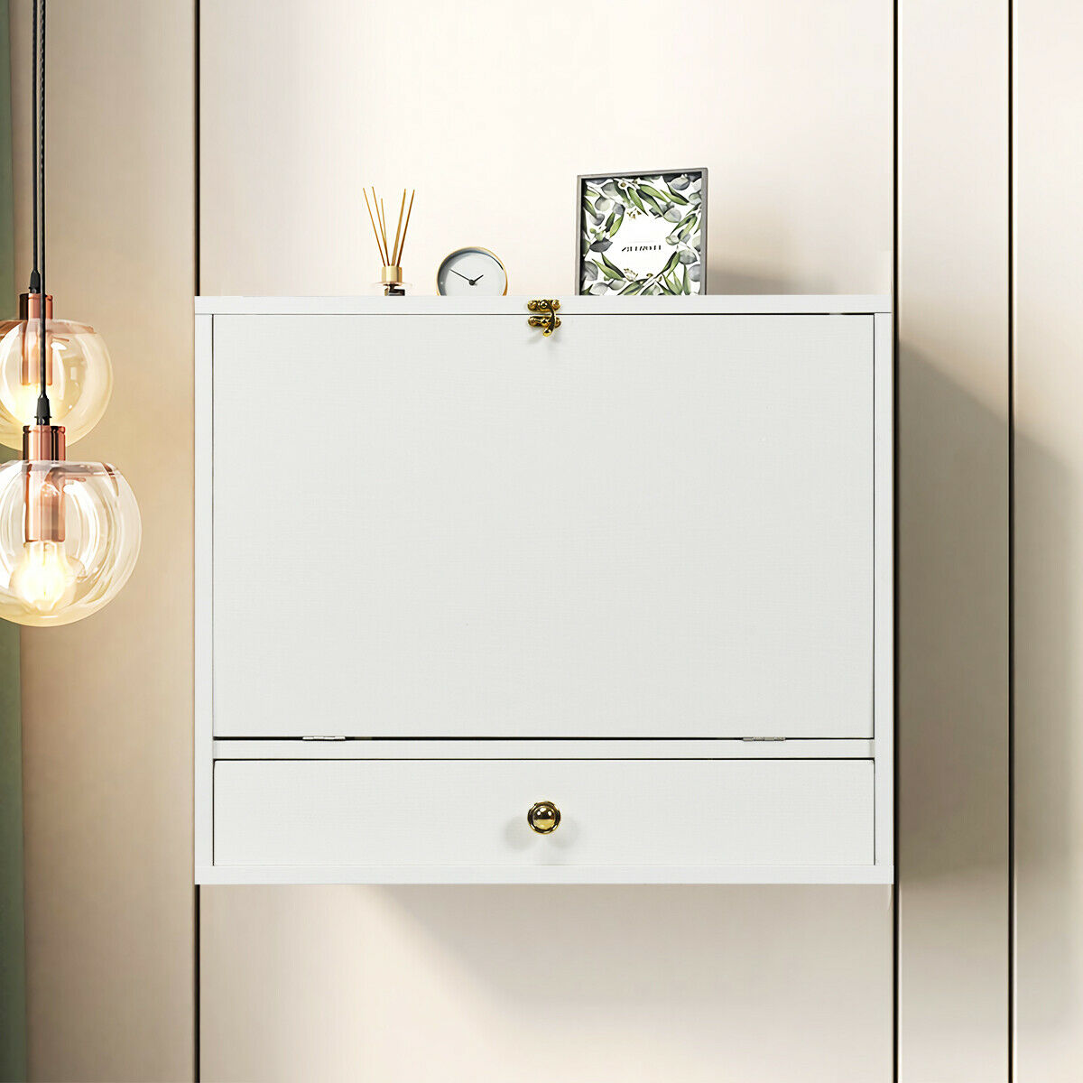 Wall Mounted Foldable Multi-functional desk Wooden Cabinet-White