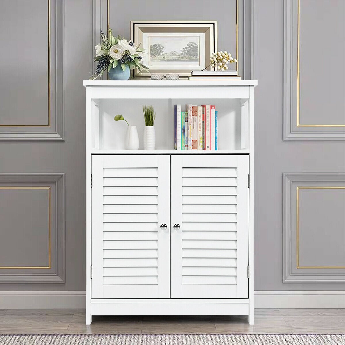 Bathroom Floor Cabinet with Double Shutter Door and Adjustable Shelf-White