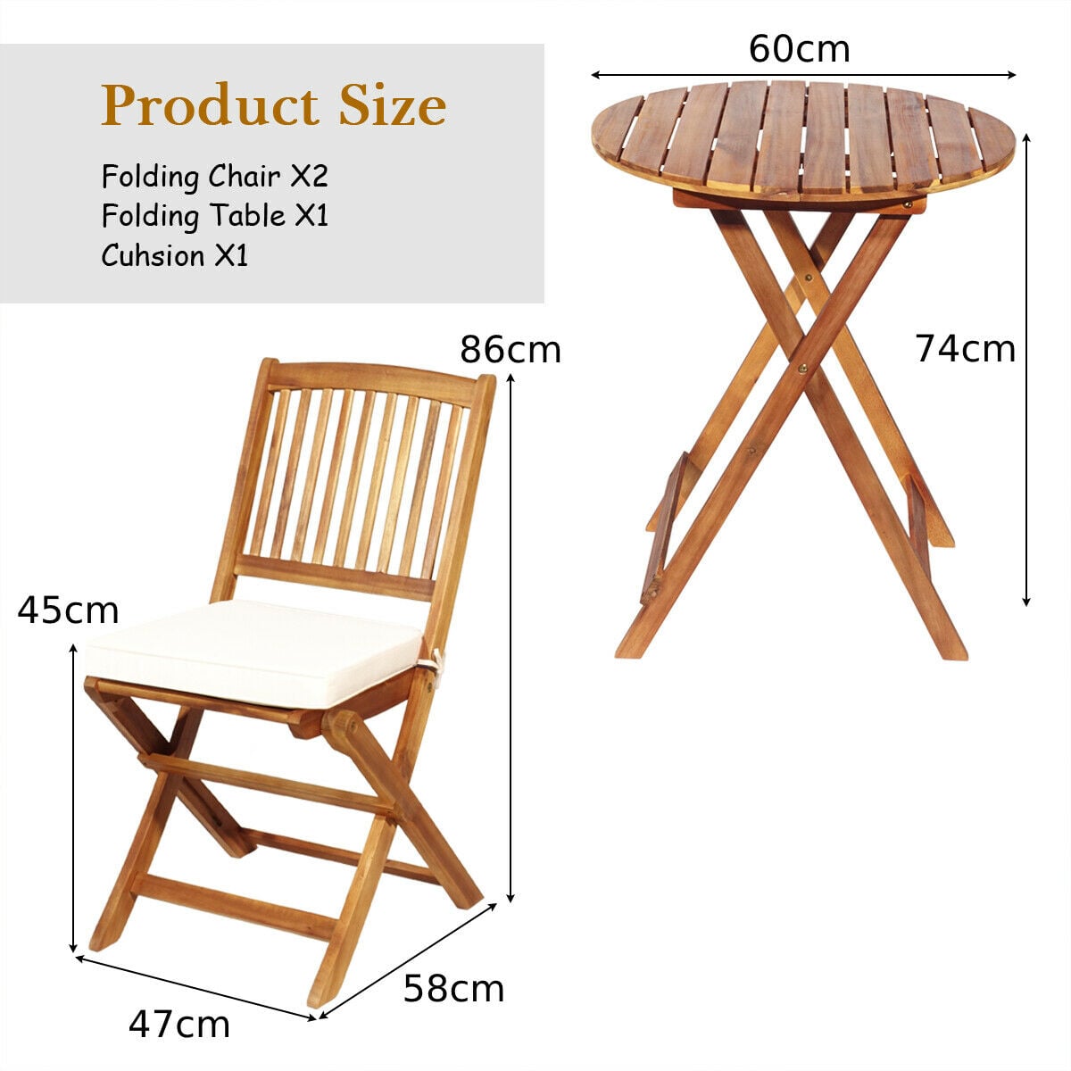 3 Piece Folding Bistro Set with Cushions for Patio-Beige