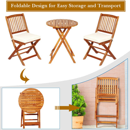 3 Piece Folding Bistro Set with Cushions for Patio-Beige