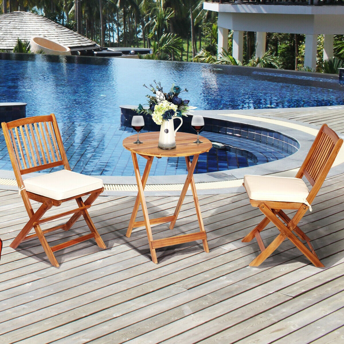 3 Piece Folding Bistro Set with Cushions for Patio-Beige