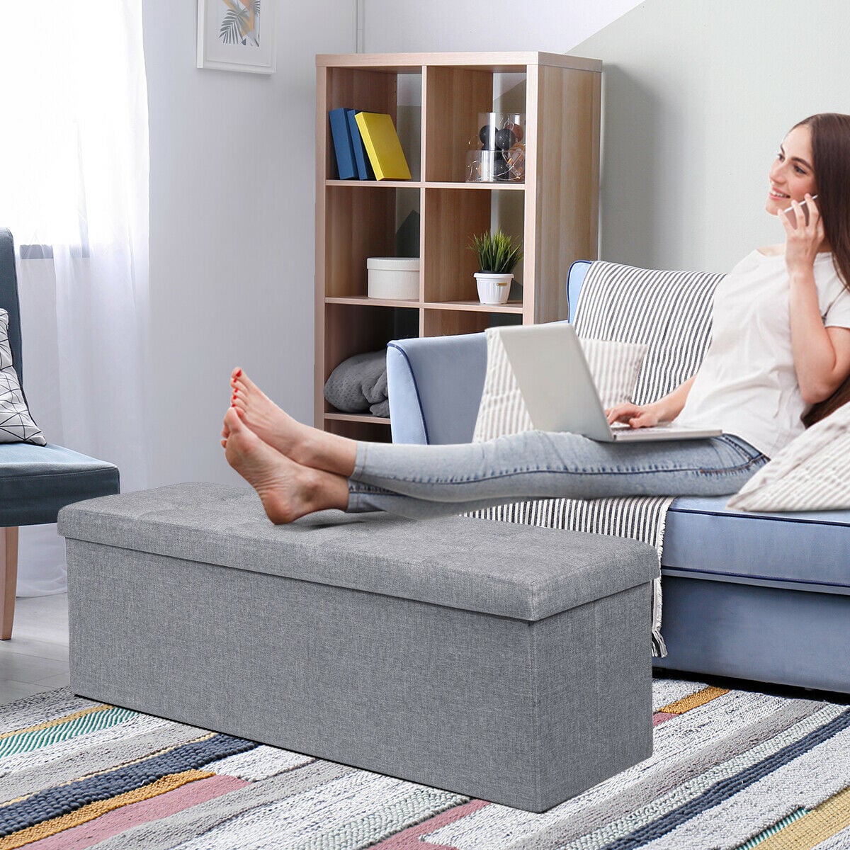 Folding Storage Ottoman Bench with Lid for Hallway-Silver