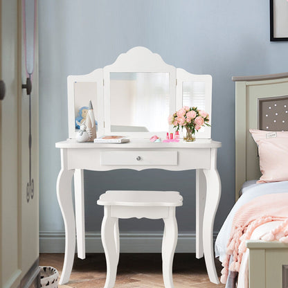 Kids Wooden Vanity Table and Stool Set with Detachable Top Folding Mirrors-White