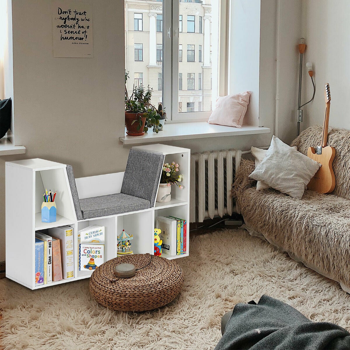 Modern Storage Organizer Cabinet with Seat Cushion-White