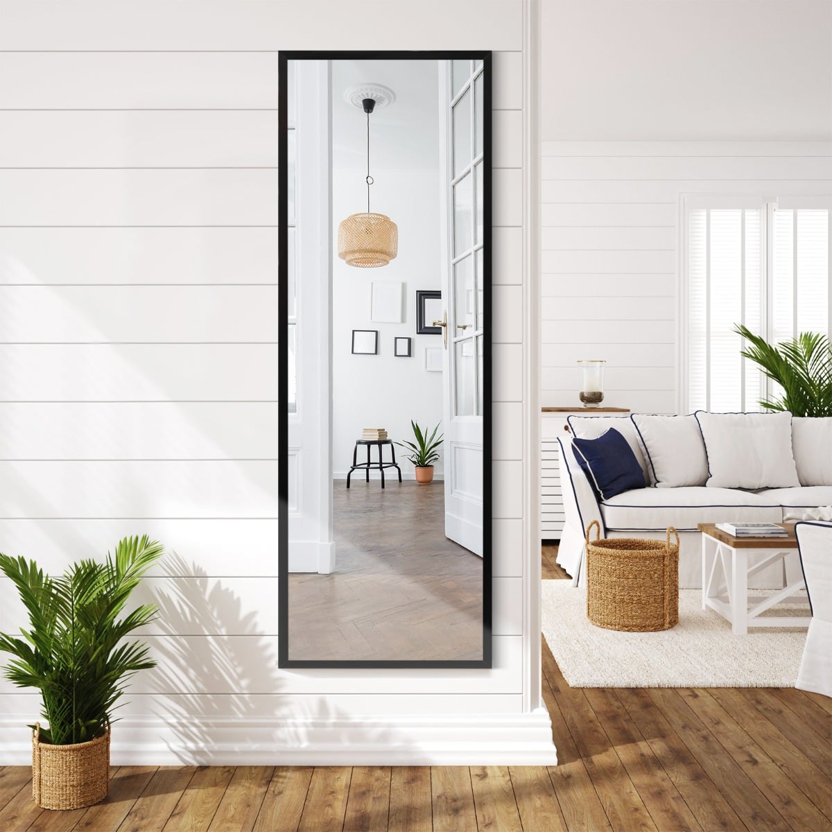Full Length Wall-Mounted Mirror with Height Adjusting Hooks-Black