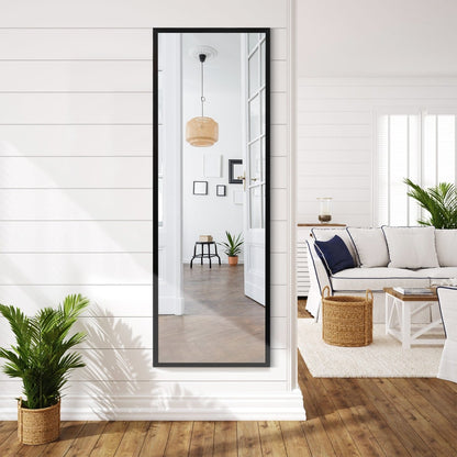 Full Length Wall-Mounted Mirror with Height Adjusting Hooks-Black