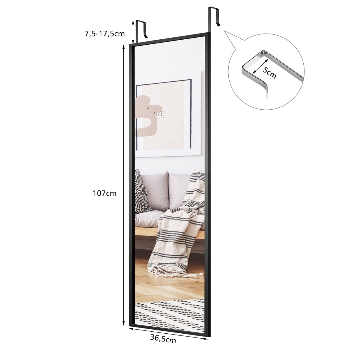 Full Length Wall-Mounted Mirror with Height Adjusting Hooks-Black
