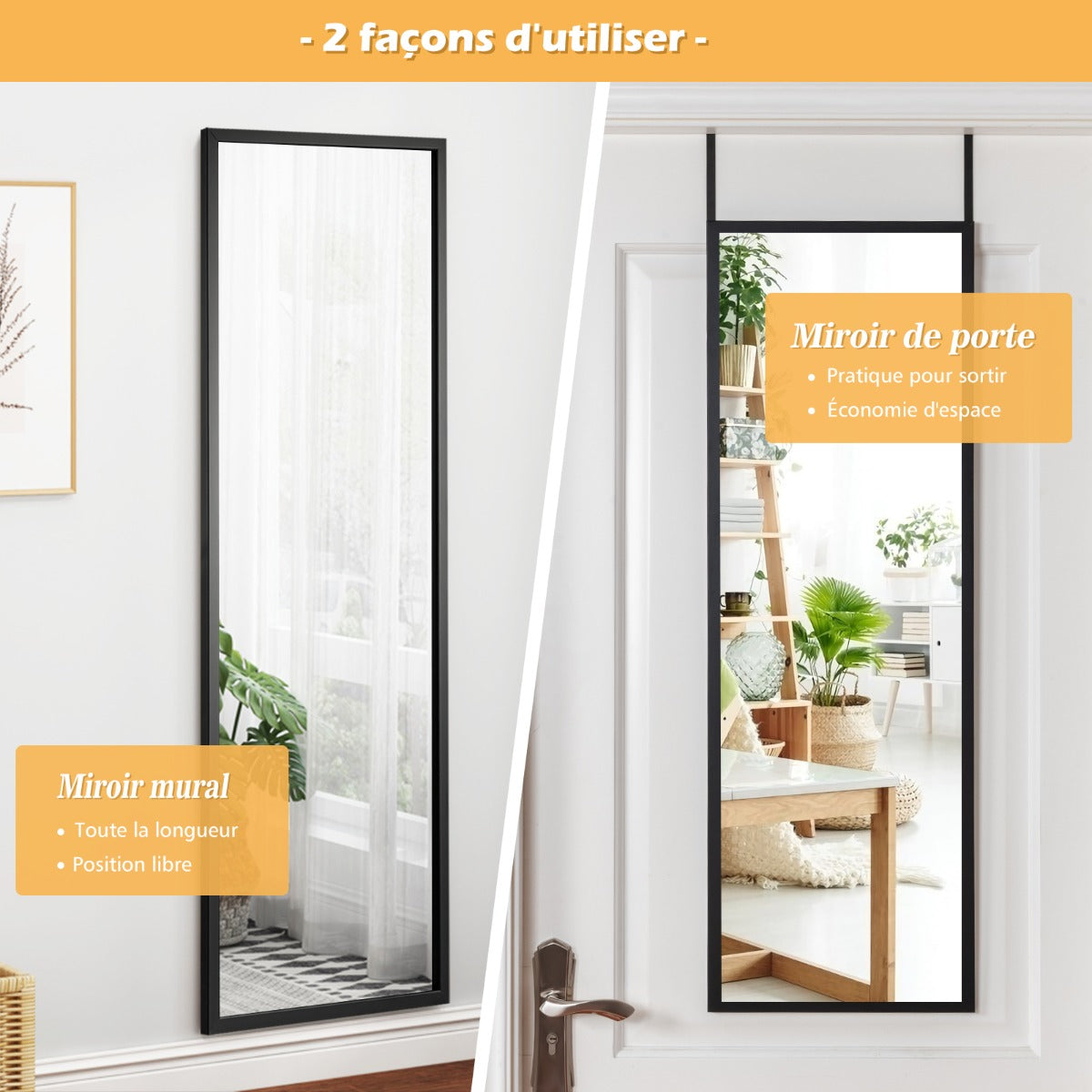 Full Length Wall-Mounted Mirror with Height Adjusting Hooks-Black