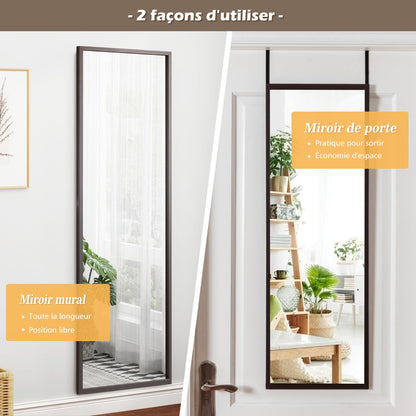 Full Length Wall-Mounted Mirror with Height Adjusting Hooks-Brown